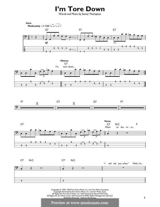 I'm Tore Down (Eric Clapton): For bass guitar with tab by Sonny Thompson