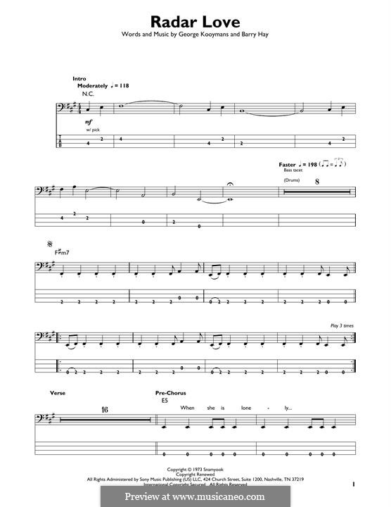 Radar Love (Golden Earring): For bass guitar with tab by Barry Hay, George Kooymans
