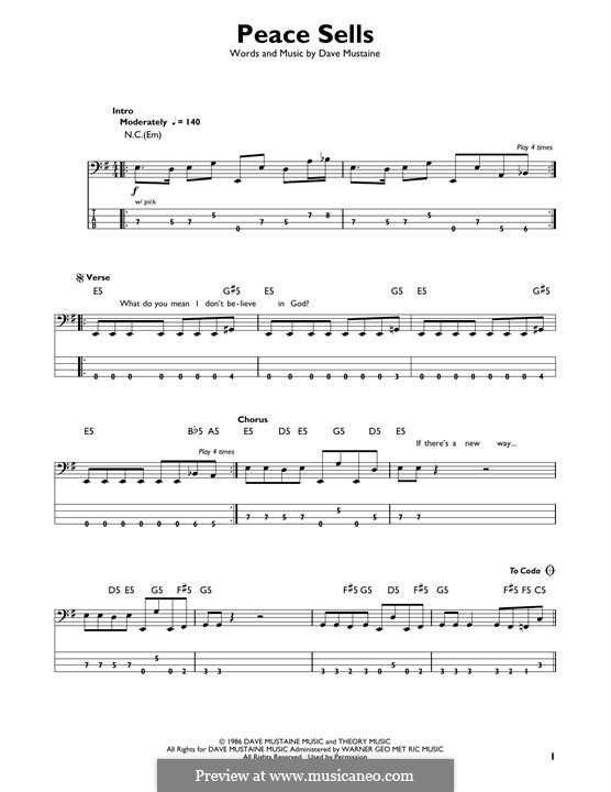 Peace Sells (Megadeth): For bass guitar with tab by Dave Mustaine