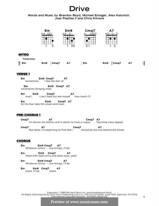 Drive (Incubus): Lyrics and guitar chords by Alex Katunich, Brandon Boyd, Chris Kilmore, Jose Pasillas II, Michael Einziger