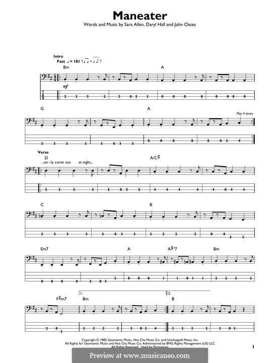Maneater (Hall & Oates): For bass guitar with tab by Daryl Hall, John Oates, Sara Allen
