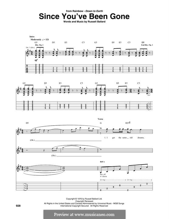 Since You've Been Gone (Rainbow): For guitar with tab by Russell Ballard