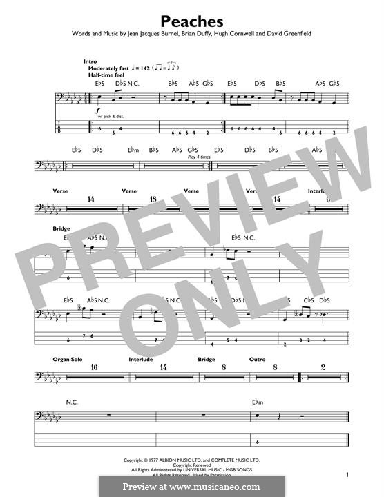 Peaches (The Stranglers): For bass guitar with tab by David Greenfield, Hugh Cornwell, Jean-Jacques Burnel, Jet Black