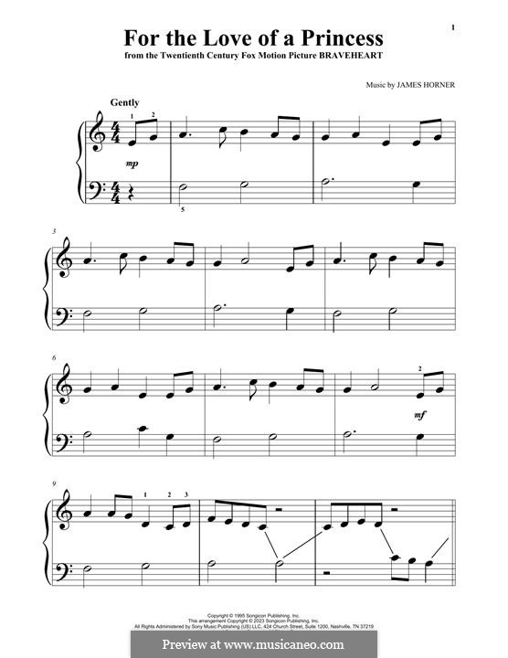 For the Love of a Princess (from Braveheart): For piano by James Horner