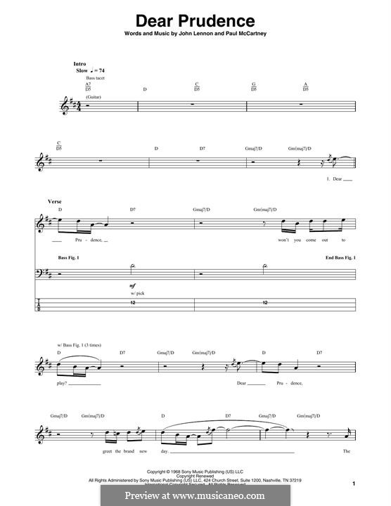 Dear Prudence (The Beatles): For bass guitar with tab by John Lennon, Paul McCartney
