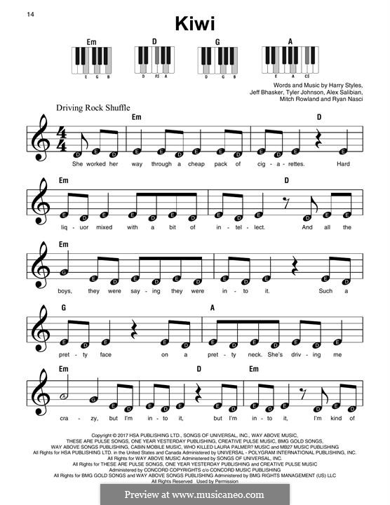 Kiwi: For easy piano by Jeff Bhasker, Harry Styles, Tyler Sam Johnson, Alex Salibian, Mitch Rowland, Ryan Nasci