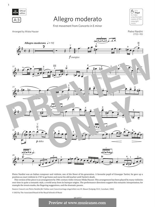 Concerto for Violin and Orchestra in E Minor: Allegro moderato, for violin by Pietro Nardini