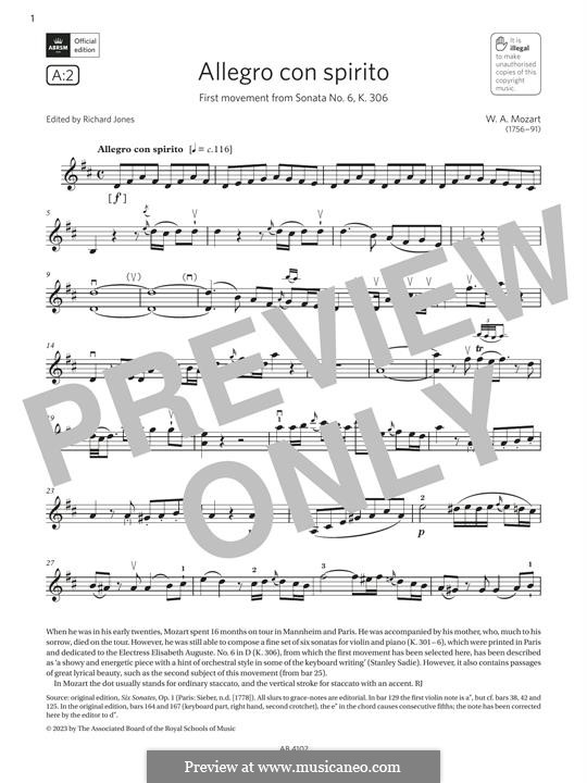 Sonata for Violin and Piano No.23 in D Major, K.306: Allegro con spirito, for violin by Wolfgang Amadeus Mozart