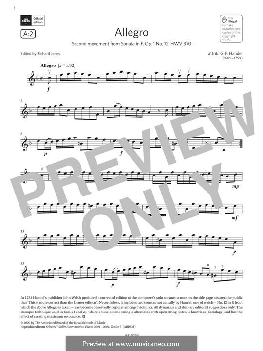 Sonata for Violin and Harpsichord in E Major, HWV 373 Op.1 No.15: Allegro, for violin by Georg Friedrich Händel