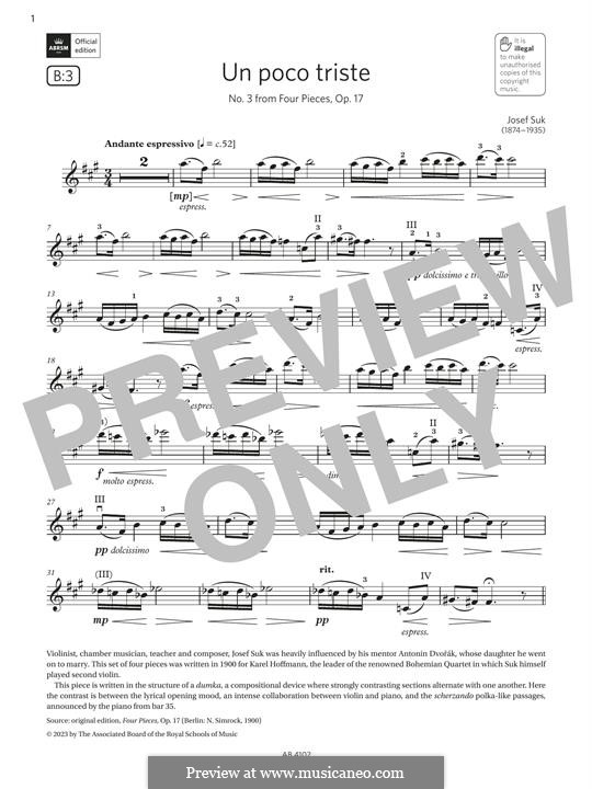 Four Pieces for Violin and Piano, Op.17: No.3 Un poco triste, for violin by Josef Suk