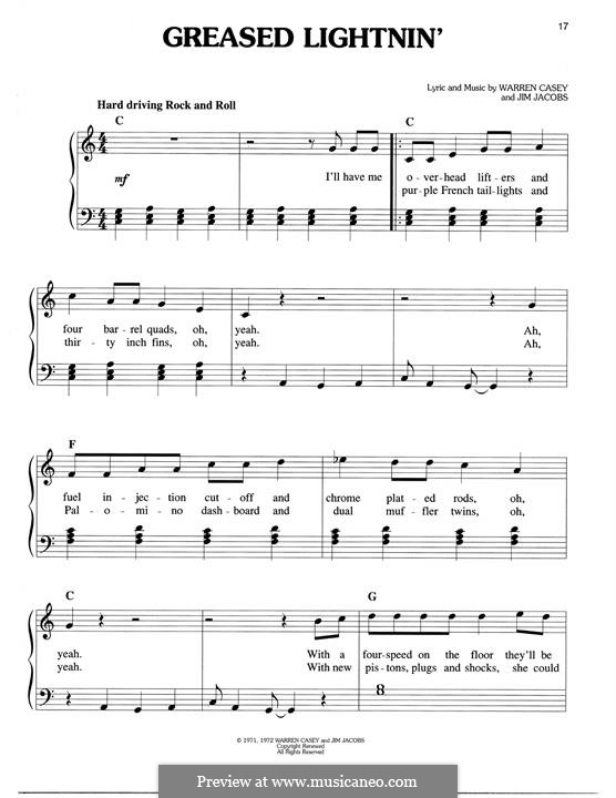 Greased Lightnin': For piano by Jim Jacobs, Warren Casey