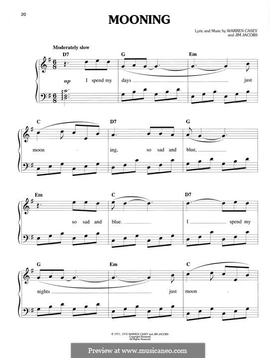 Mooning: For piano by Jim Jacobs, Warren Casey