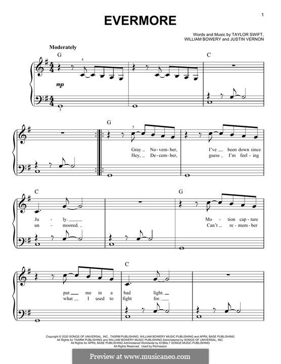 Evermore (feat. Bon Iver): For piano by Justin Vernon, Taylor Swift, William Bowery