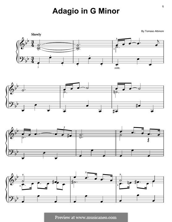 Adagio in G Minor: For piano by Tomaso Albinoni