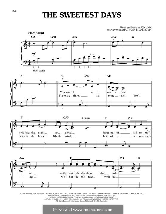 The Sweetest Days (Vanessa Williams): For piano by Wendy Waldman