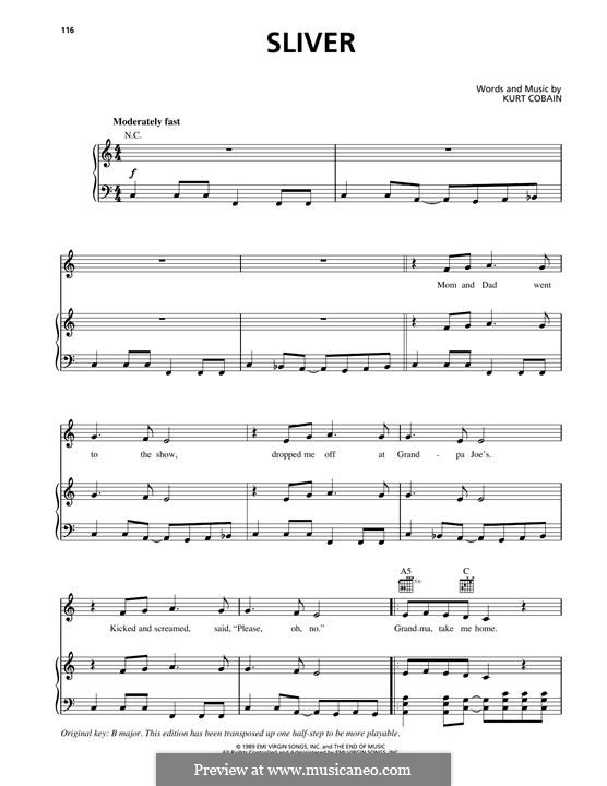 Sliver (Nirvana): For voice and piano (or guitar) by Kurt Cobain