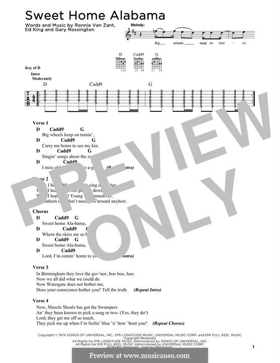 Sweet Home Alabama (Lynyrd Skynyrd): Lyrics and guitar chords by Ed King, Gary Rossington, Ronnie Van Zant