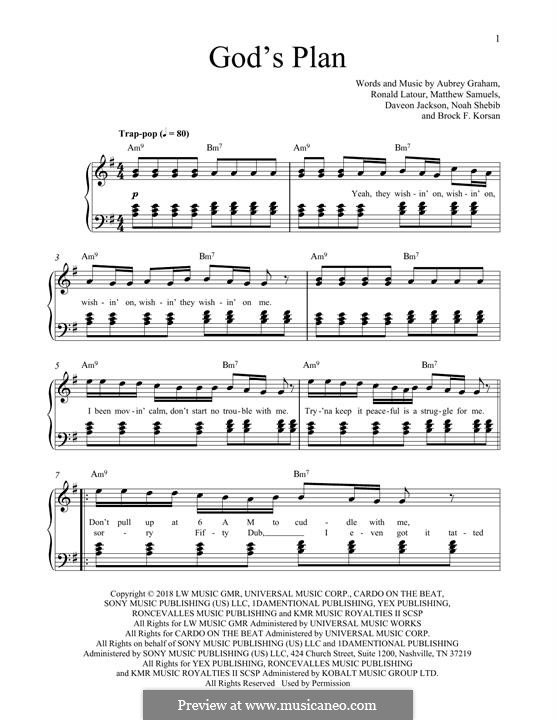 God's Plan (Drake): For piano by Ronald Latour, Brock F. Korsan