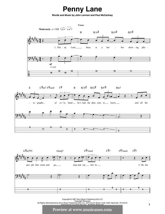 Penny Lane (The Beatles): For bass guitar with tab by John Lennon, Paul McCartney