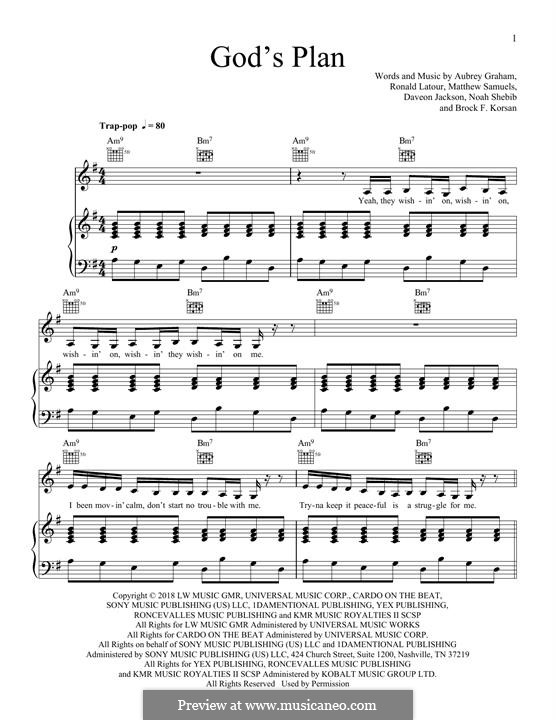God's Plan (Drake): For voice and piano (or guitar) by Ronald Latour, Brock F. Korsan