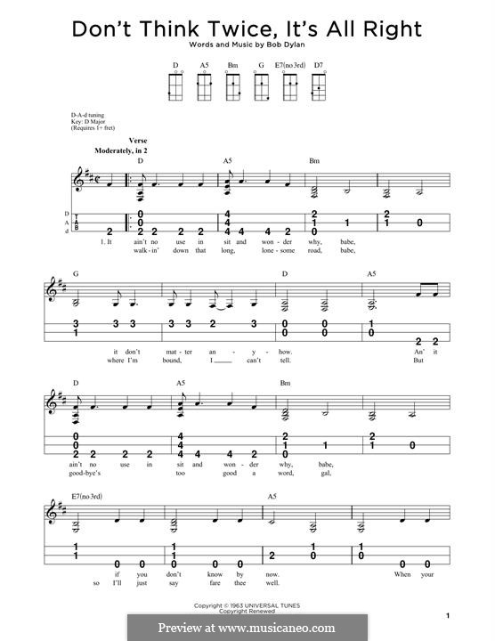 Don't Think Twice, It's Alright: For dulcimer by Bob Dylan