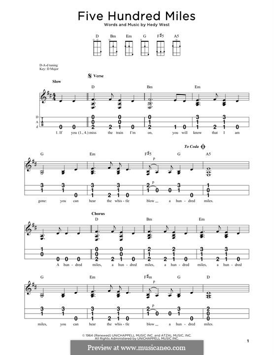 Five Hundred Miles (Peter, Paul & Mary): For dulcimer by Hedy West