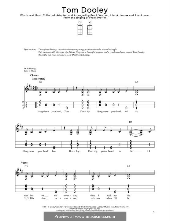 Tom Dooley (Kingston Trio): For dulcimer by Alan Lomax, John A. Lomax, Frank Warner