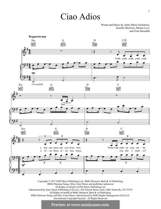 Ciao Adios (Anne Marie) by A Nicholson T Meredith on MusicaNeo Ciao Adios (Anne Marie) by A Nicholson T Meredith on MusicaNeo