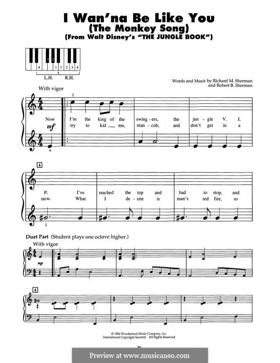 I Wan'na be Like You  (The Monkey Song): For piano by Richard M. Sherman, Robert B. Sherman