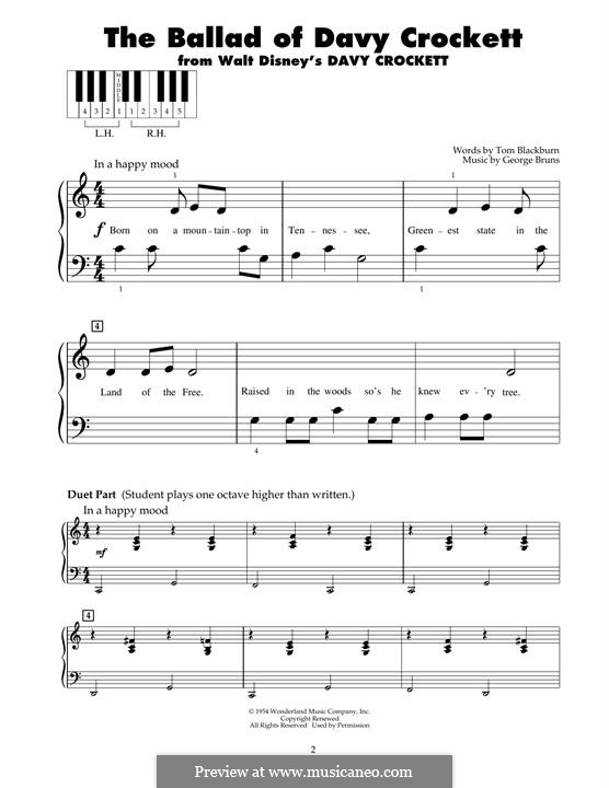 The Ballad of Davy Crockett (from Davy Crockett): For piano by George Bruns