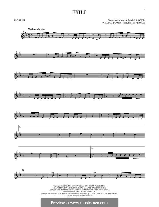 Exile (feat. Bon Iver): For clarinet by Justin Vernon, Taylor Swift, William Bowery