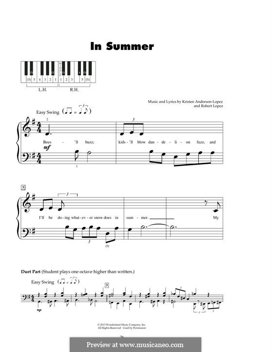 In Summer (from Frozen: The Broadway Musical): For piano by Robert Lopez, Kristen Anderson-Lopez