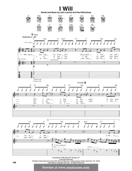 I Will (The Beatles): For guitar by John Lennon, Paul McCartney