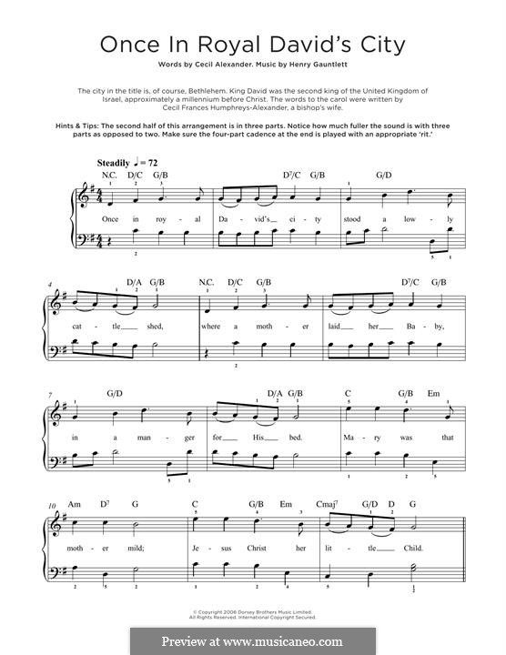 Once in Royal David's City (Printable scores): For piano by Henry John Gauntlett