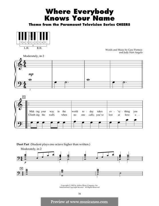 Where Everybody Knows Your Name (theme from Cheers): For piano by Gary Portnoy, Judy Hart Angelo