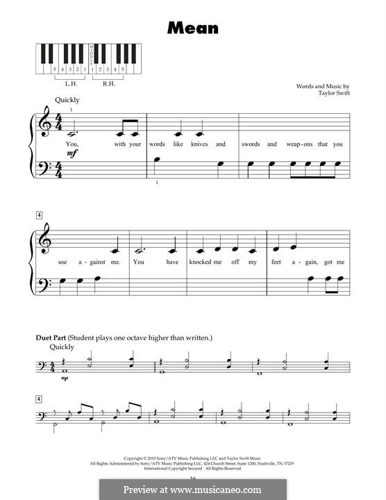 Mean: For piano by Taylor Swift