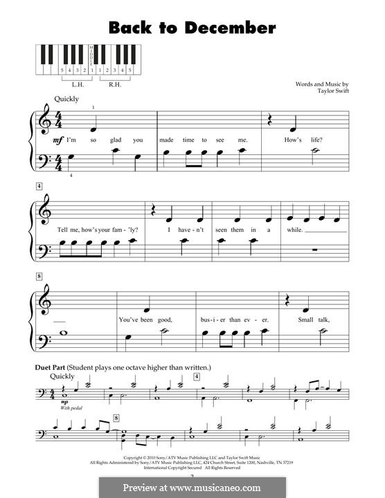 Back to December: For piano by Taylor Swift