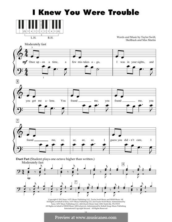 I Knew You Were Trouble (Taylor Swift): For piano by Shellback, Max Martin