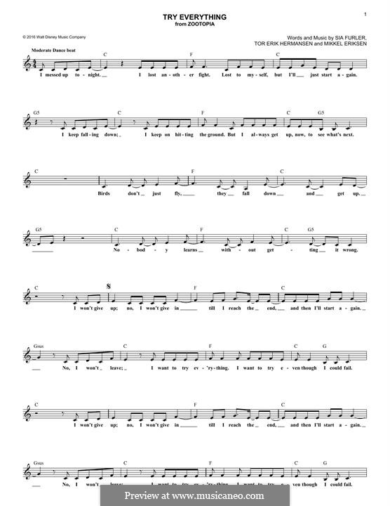 Try Everything (from Zootopia) Shakira: For keyboard by Mikkel Storleer Eriksen, Sia Furler, Tor Erik Hermansen