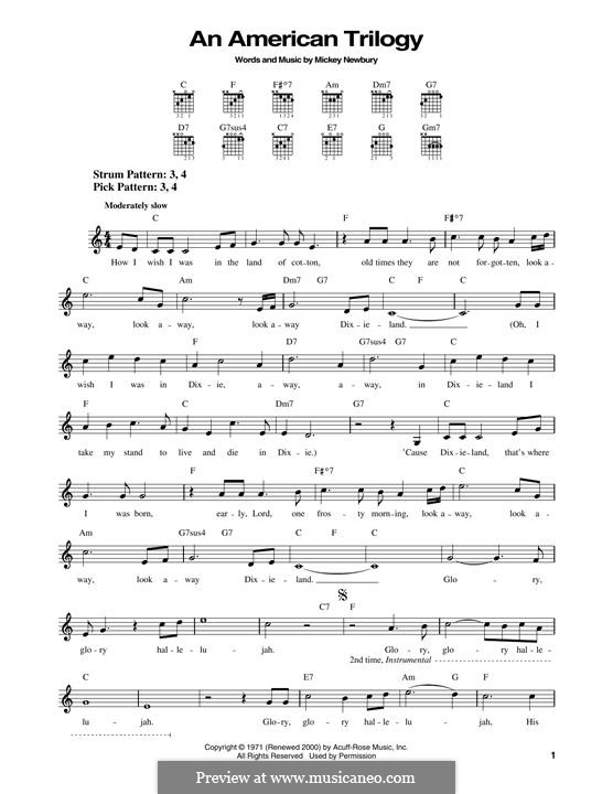 An American Trilogy (Elvis Presley): For guitar by Mickey Newbury