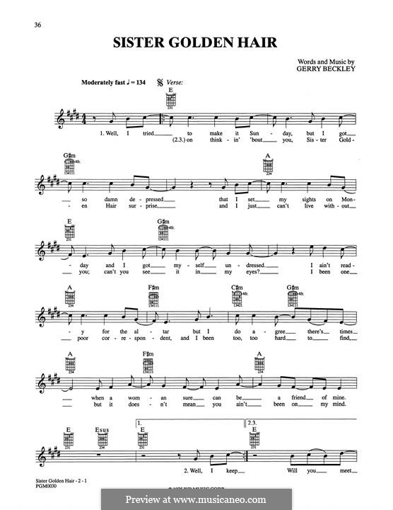 Sister Golden Hair (America): For guitar by Gerald Beckley