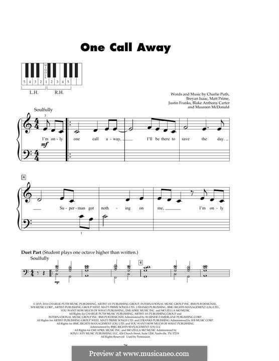 One Call Away: For piano by Justin Franks, Matthew Prime, Shy Carter, Breyan Isaac, Maureen McDonald, Charlie Puth