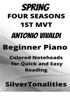 Violin Concerto No.1 in E Major 'La primavera' (Printable Scores), RV 269: Movement I, for beginner piano with colored notation by Antonio Vivaldi