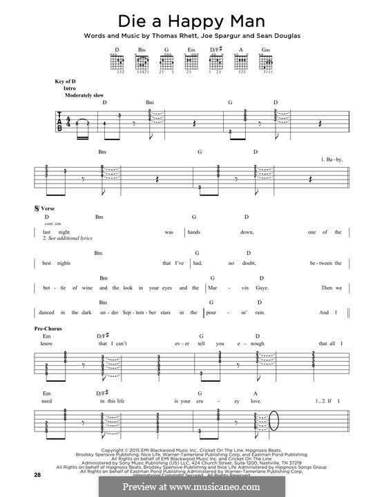 Die a Happy Man: For guitar by Thomas Rhett, Sean Douglas, Joe Spargur