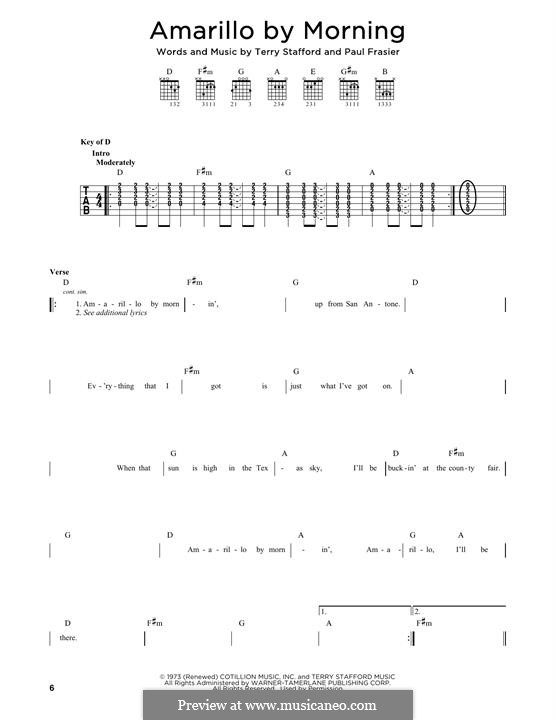 Amarillo By Morning (George Strait): Lyrics and guitar tab by Paul Fraser, Terry Stafford
