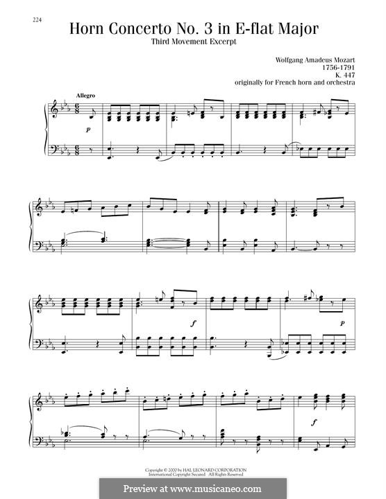 Concerto for Horn and Orchestra No.3 in E Flat Major, K.447: Movement 3, excerpt, for piano by Wolfgang Amadeus Mozart
