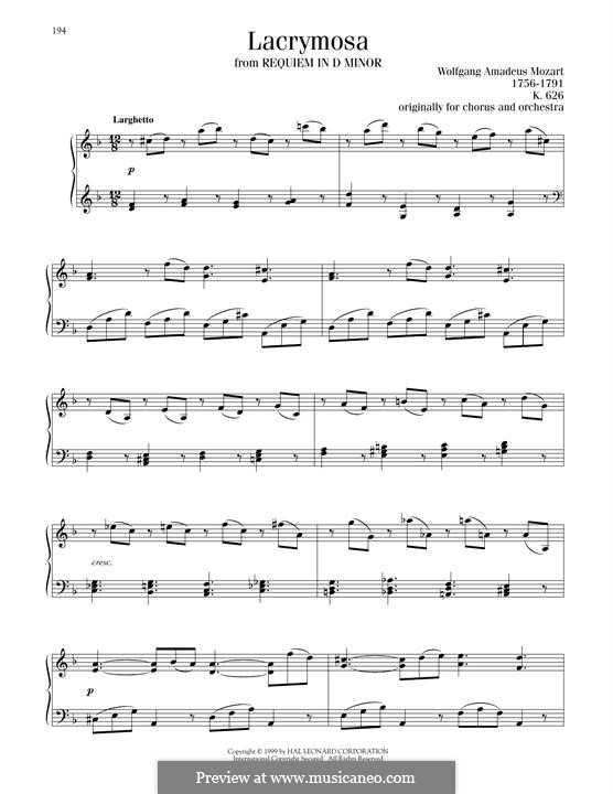 Lacrimosa: For piano by Wolfgang Amadeus Mozart