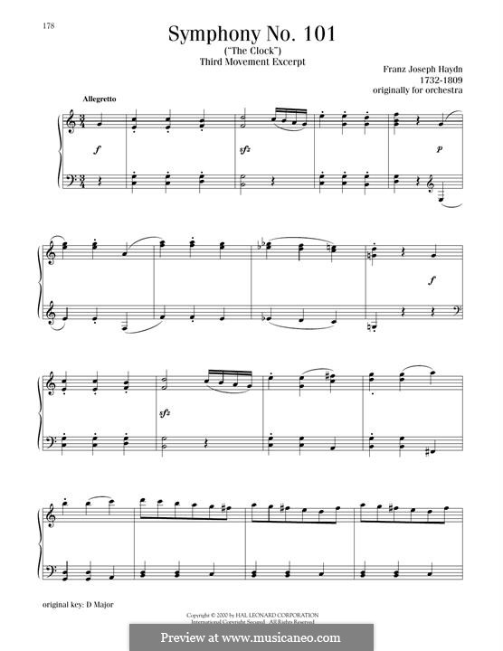 Symphony No.101 in D Major 'The Clock', Hob.I/101: Movement III, excerpt, for piano by Joseph Haydn