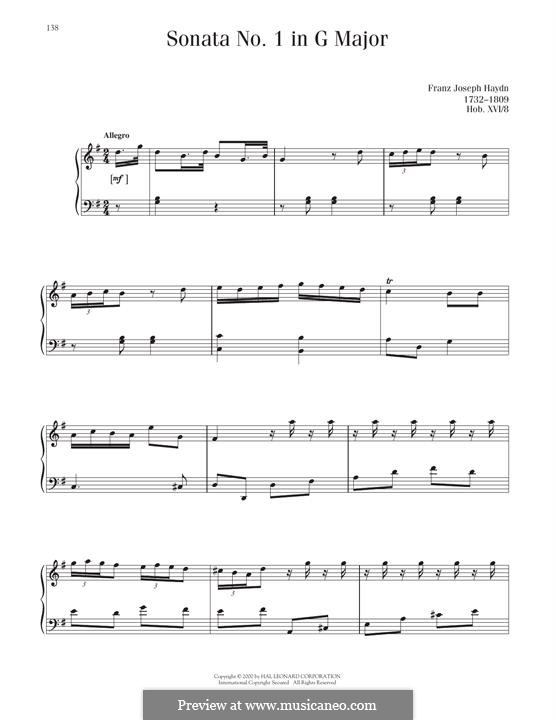 Sonata for Piano No.1 in G Major, Hob.XVI/8: For a single performer by Joseph Haydn