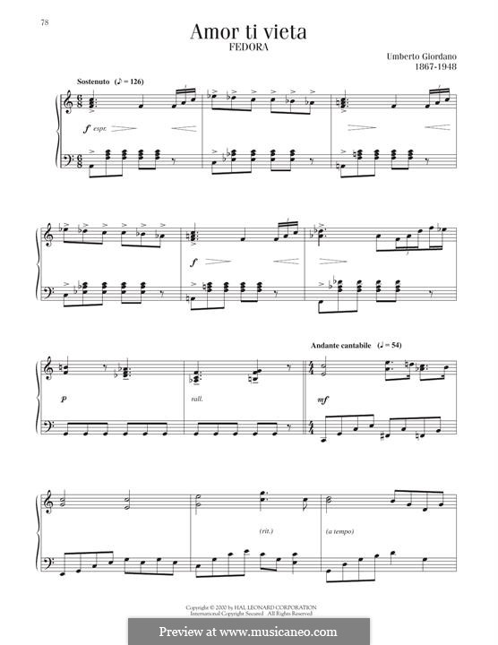 Fedora: Amor ti vietta, for piano by Umberto Giordano